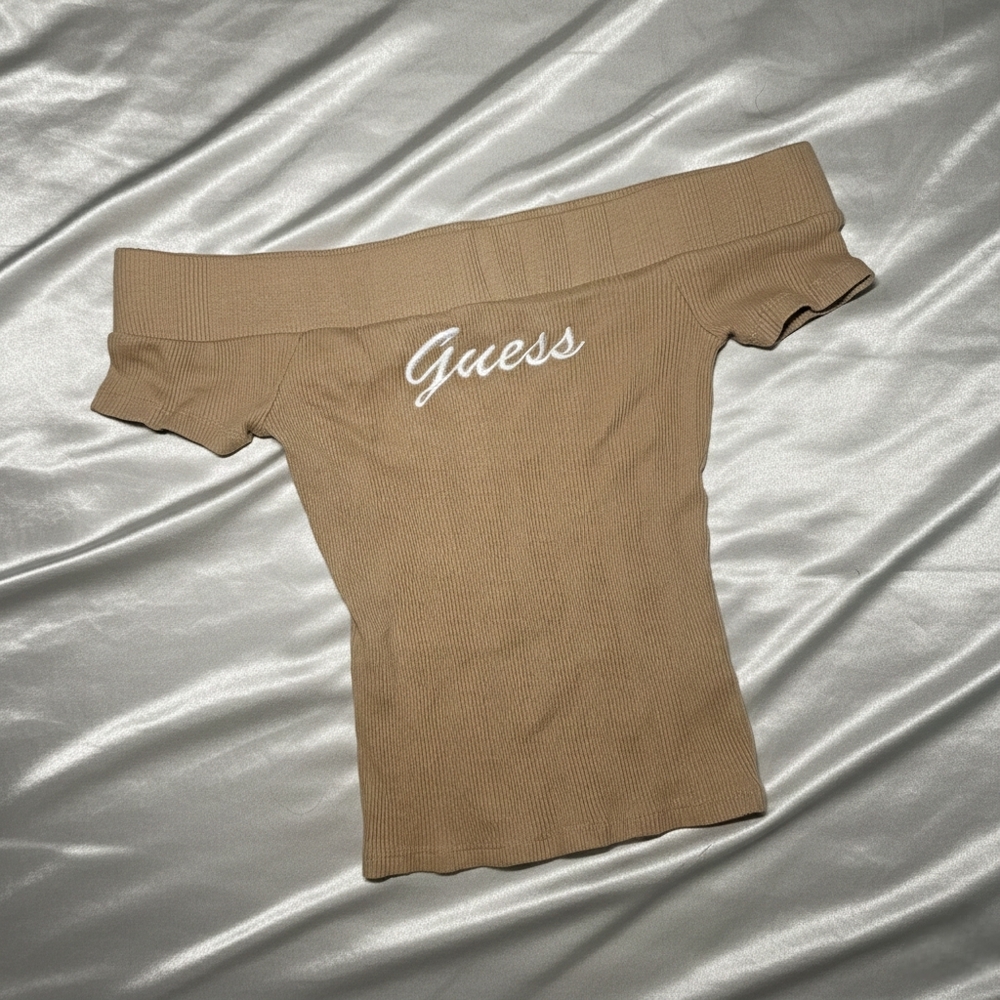 Guess Women's Tan Ribbed Off-Shoulder Top - Picture 2 of 5